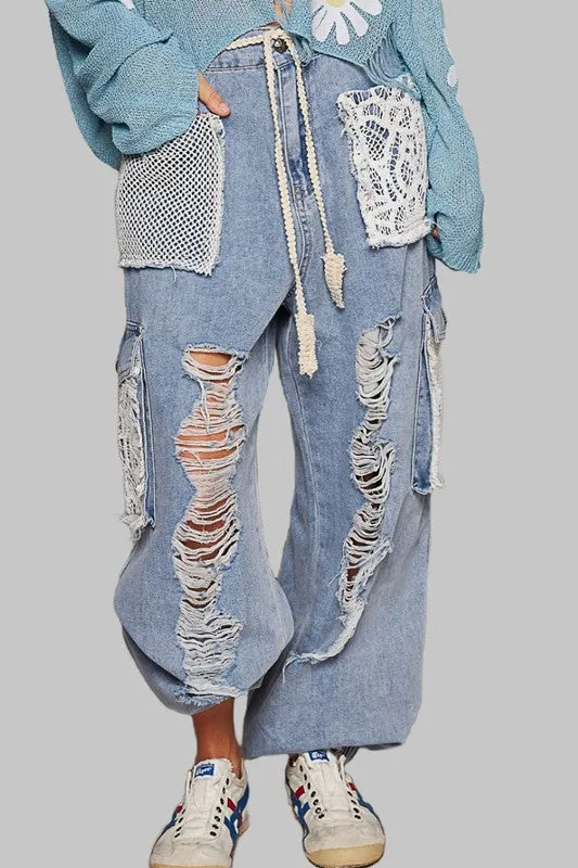POL Vintage Washed Crochet Patch Distressed Jeans
