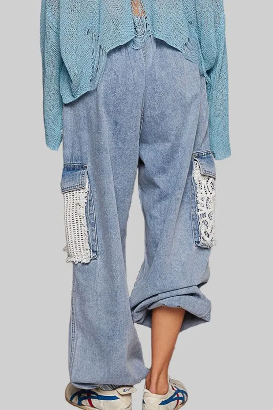 POL Vintage Washed Crochet Patch Distressed Jeans