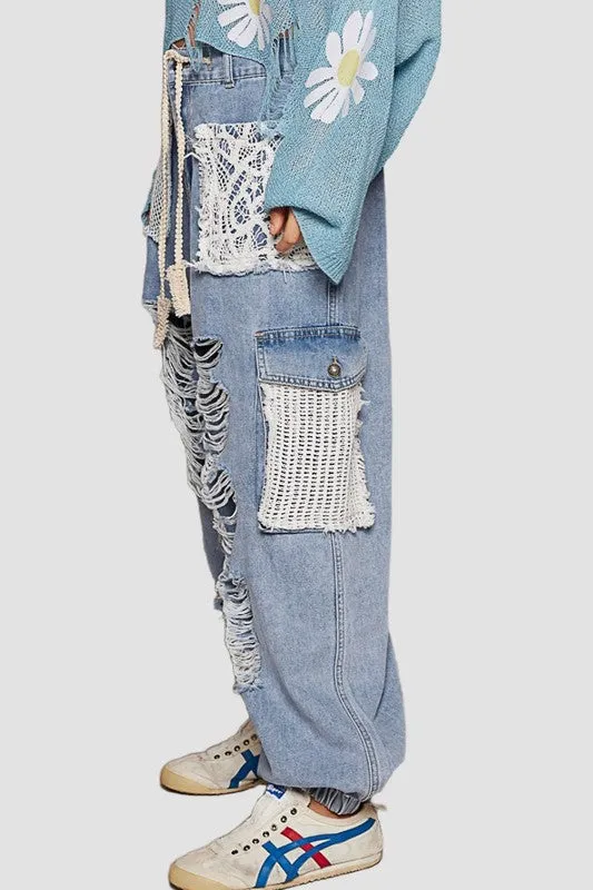 POL Vintage Washed Crochet Patch Distressed Jeans