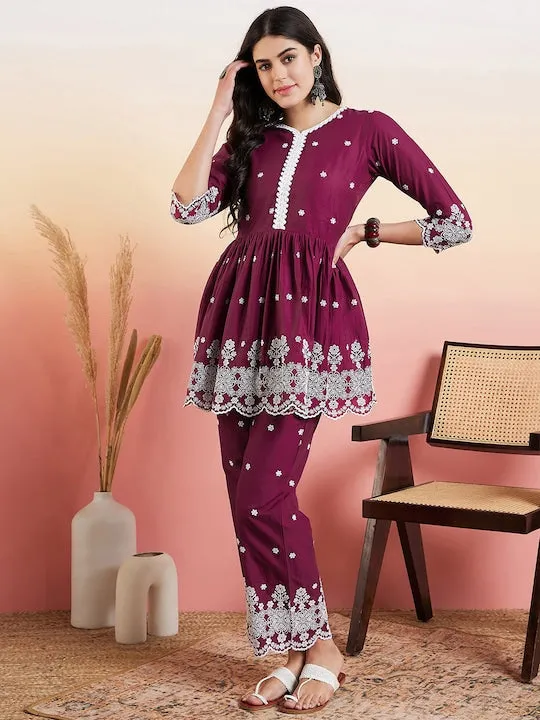 Purple & White Floral Embroidered Pleated Ethnic Co-ords