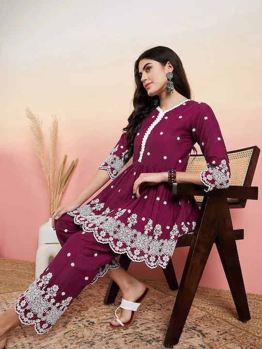 Purple & White Floral Embroidered Pleated Ethnic Co-ords