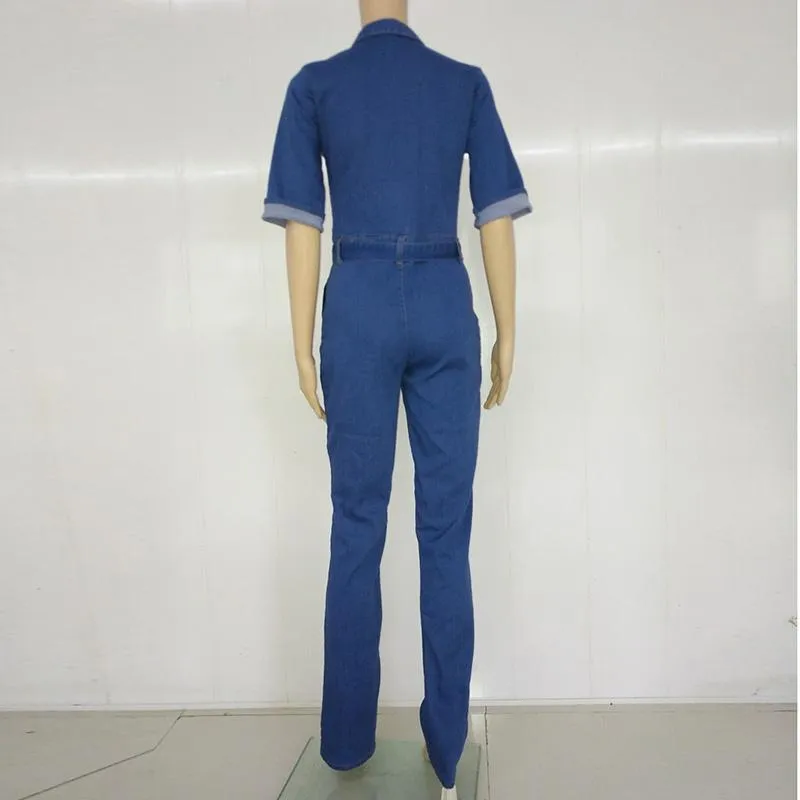 Short sleeves Slim-fit Wide-leg Long Women Denim Jumpsuit