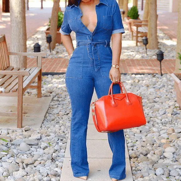 Short sleeves Slim-fit Wide-leg Long Women Denim Jumpsuit