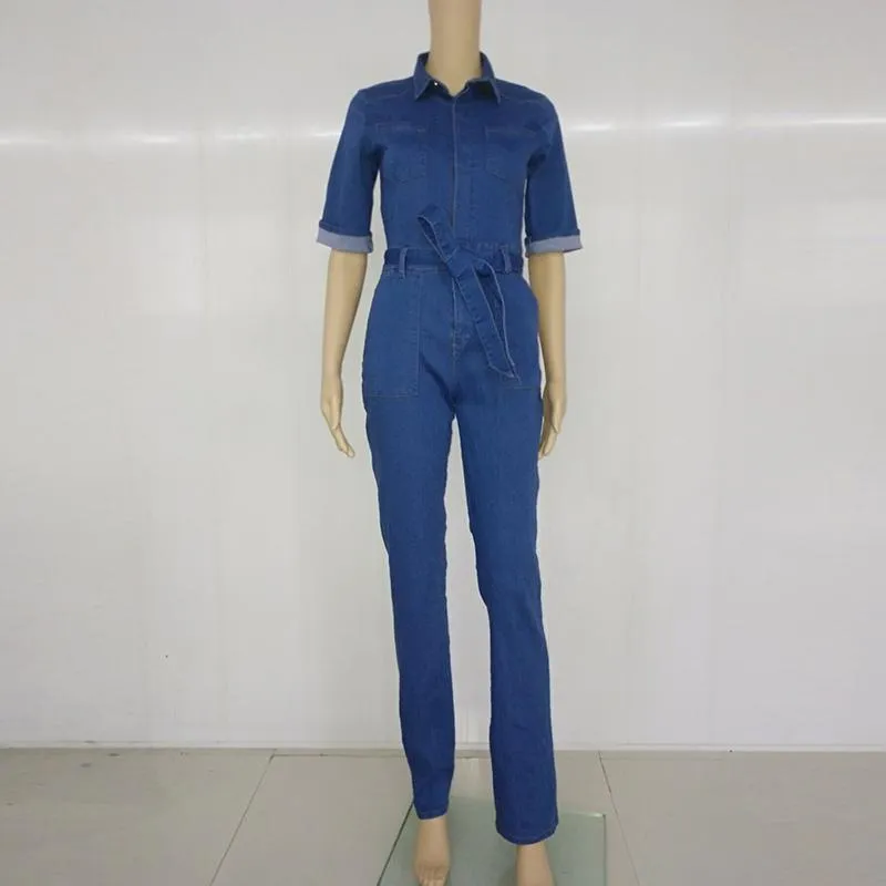 Short sleeves Slim-fit Wide-leg Long Women Denim Jumpsuit