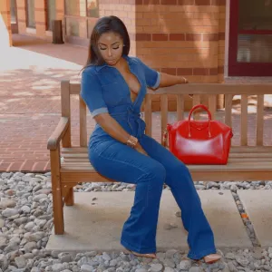 Short sleeves Slim-fit Wide-leg Long Women Denim Jumpsuit