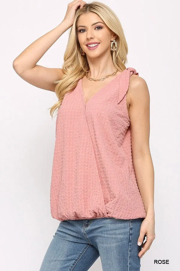 Solid Textured And Sleeveless Surplice Pink Top With Shoulder Tie