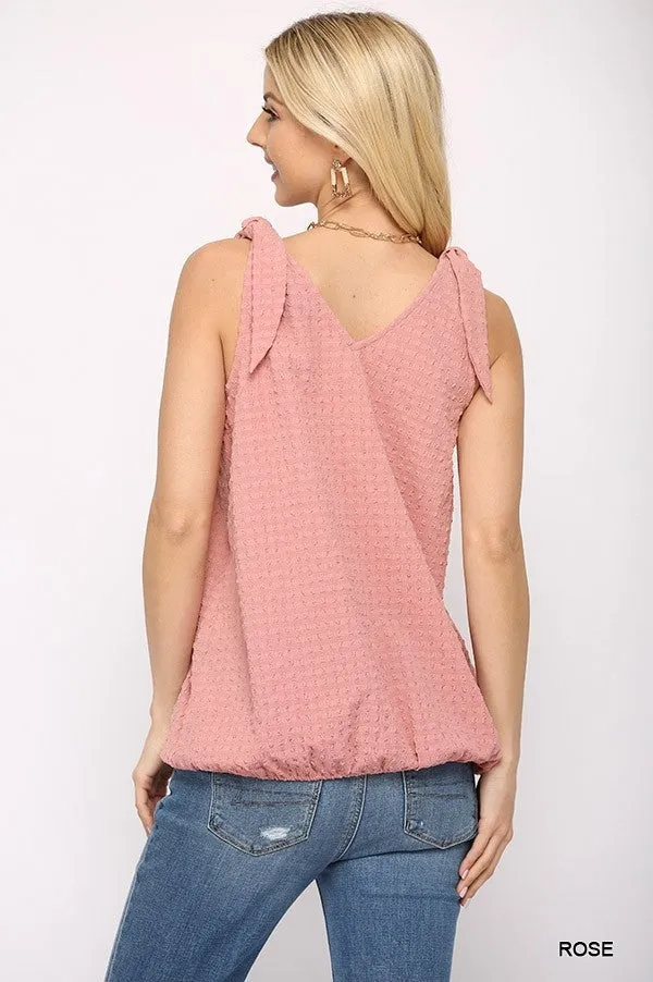 Solid Textured And Sleeveless Surplice Pink Top With Shoulder Tie