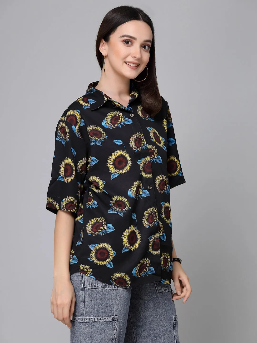 Style Quotients Women Black Yellow Printed Polyester Boxy Casual Shirt