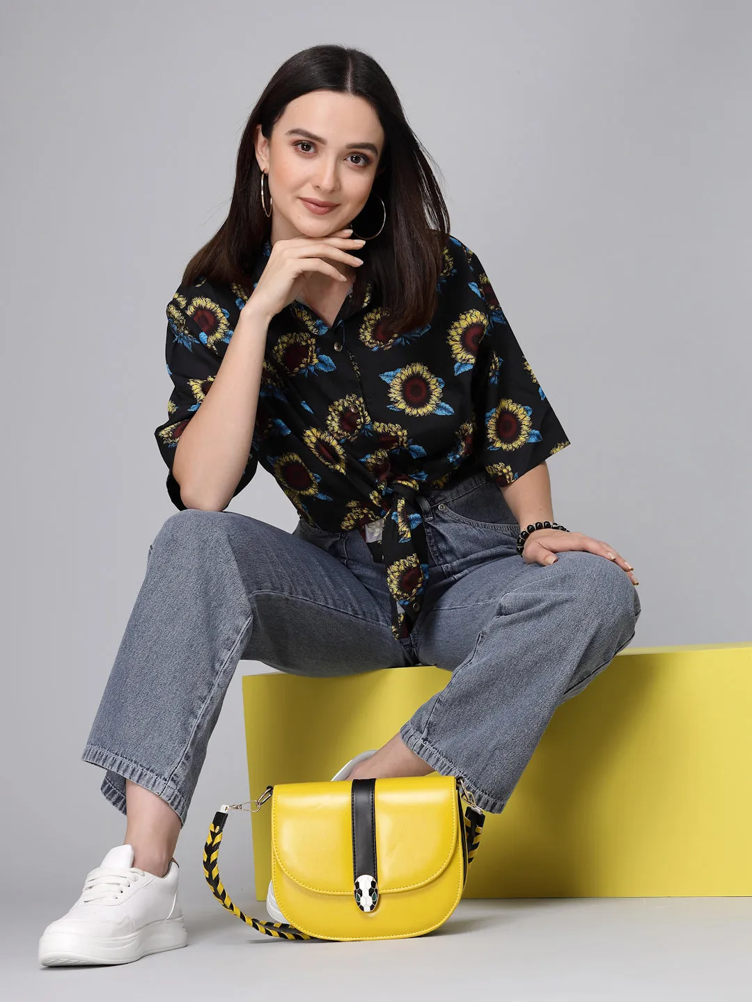 Style Quotients Women Black Yellow Printed Polyester Boxy Casual Shirt