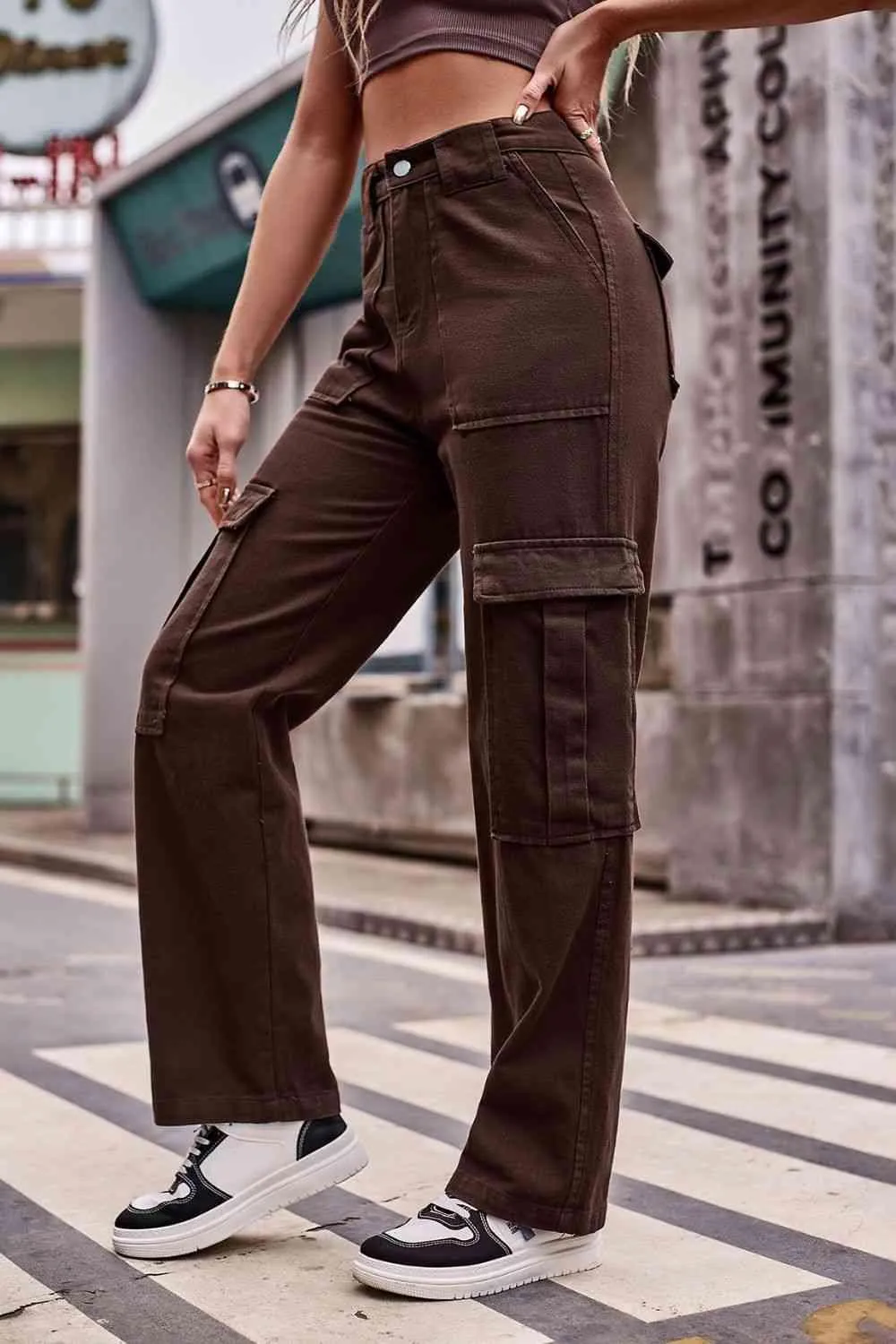 Thigh Pockets High Waist Straight Leg Cargo Pants