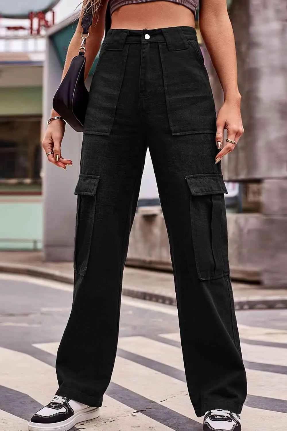 Thigh Pockets High Waist Straight Leg Cargo Pants