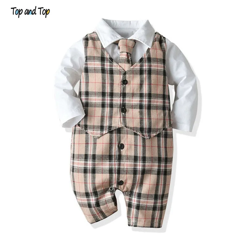 Top and Top Fashion Infant Boys Gentleman Romper Clothes One Piece Long Sleeve Cotton Patchwork Plaid Bow Tie V-neck Jumpsuit