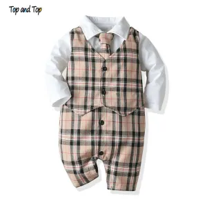 Top and Top Fashion Infant Boys Gentleman Romper Clothes One Piece Long Sleeve Cotton Patchwork Plaid Bow Tie V-neck Jumpsuit