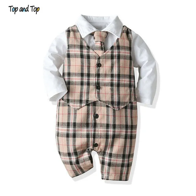 Top and Top Fashion Infant Boys Gentleman Romper Clothes One Piece Long Sleeve Cotton Patchwork Plaid Bow Tie V-neck Jumpsuit