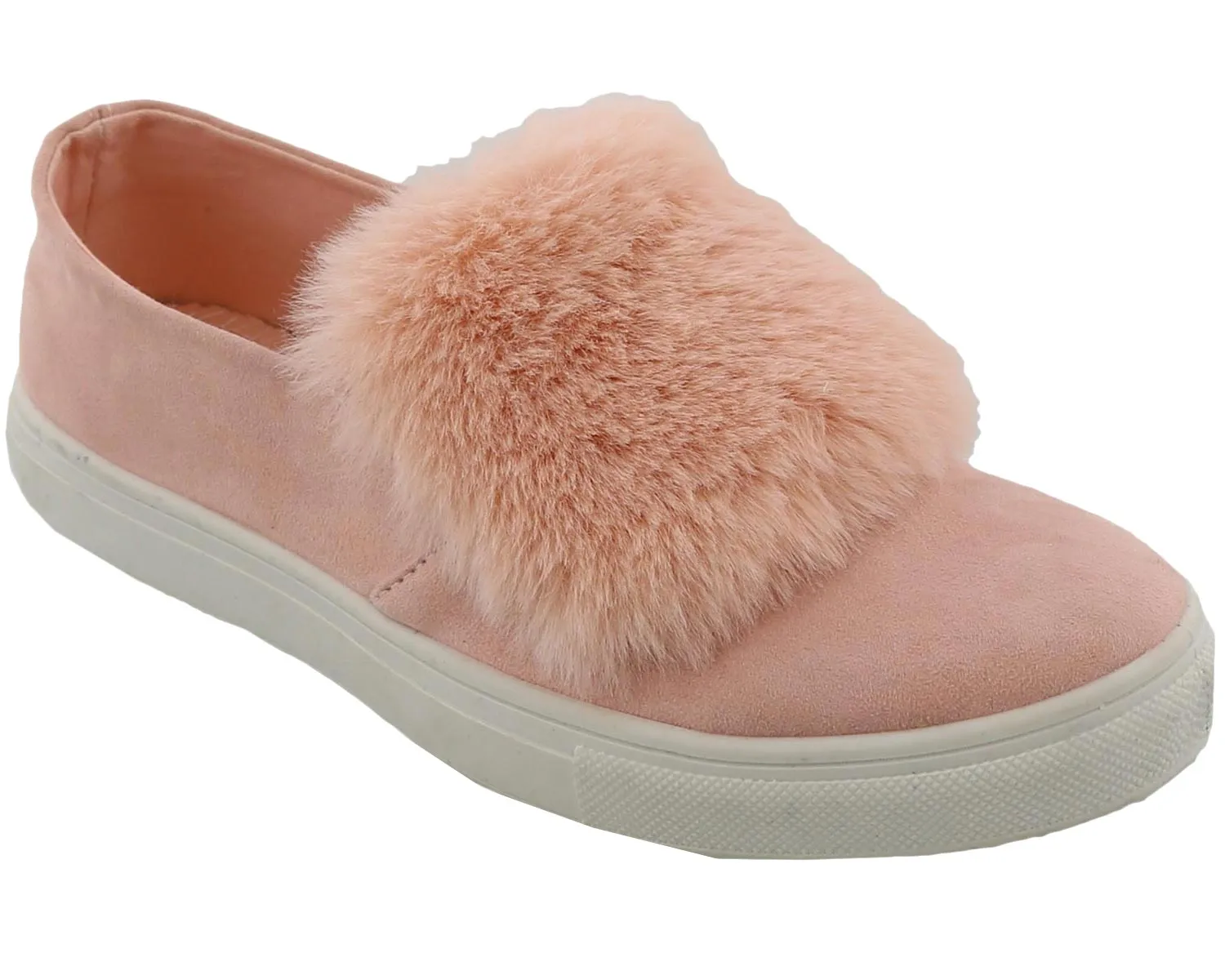 Top Moda Women's Faux Fur Pom Pom Slip On Fashion Sneaker