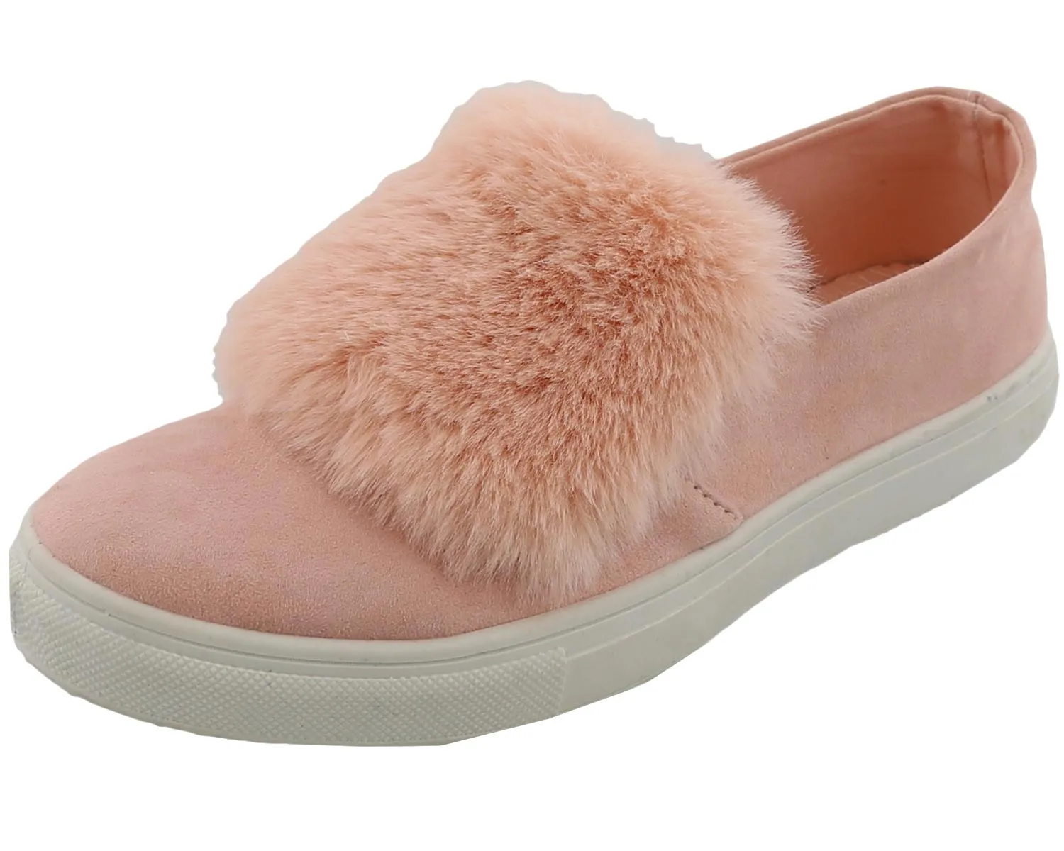 Top Moda Women's Faux Fur Pom Pom Slip On Fashion Sneaker