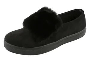 Top Moda Women's Faux Fur Pom Pom Slip On Fashion Sneaker