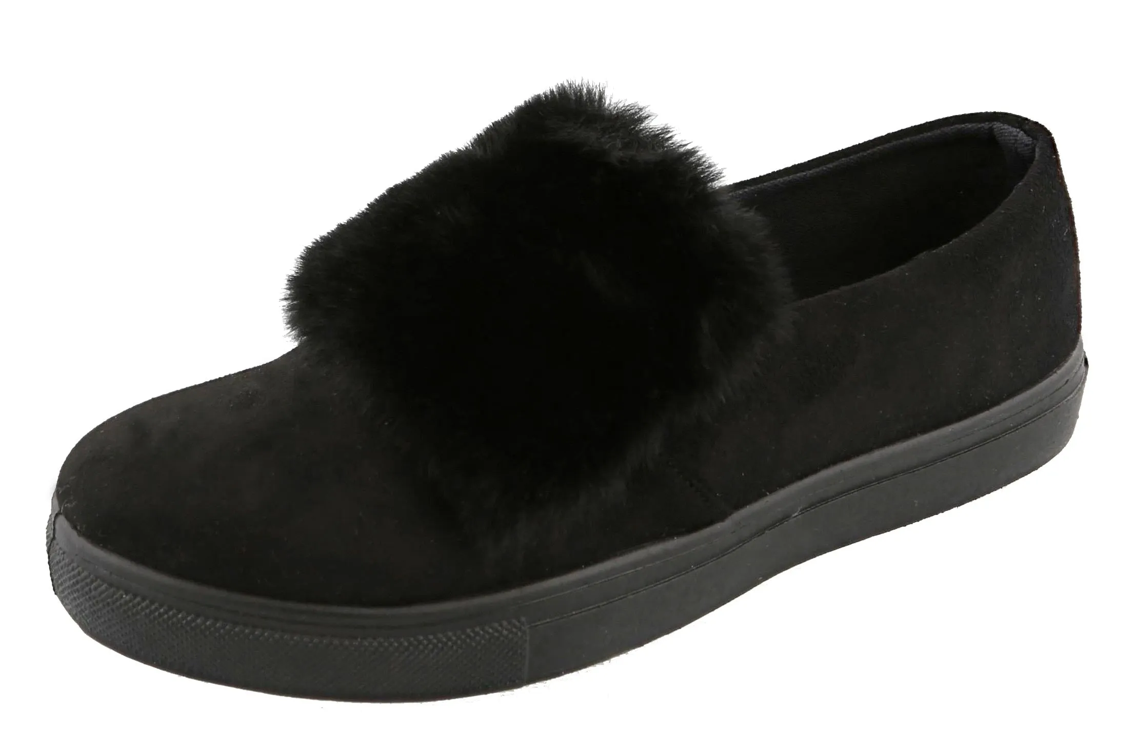 Top Moda Women's Faux Fur Pom Pom Slip On Fashion Sneaker