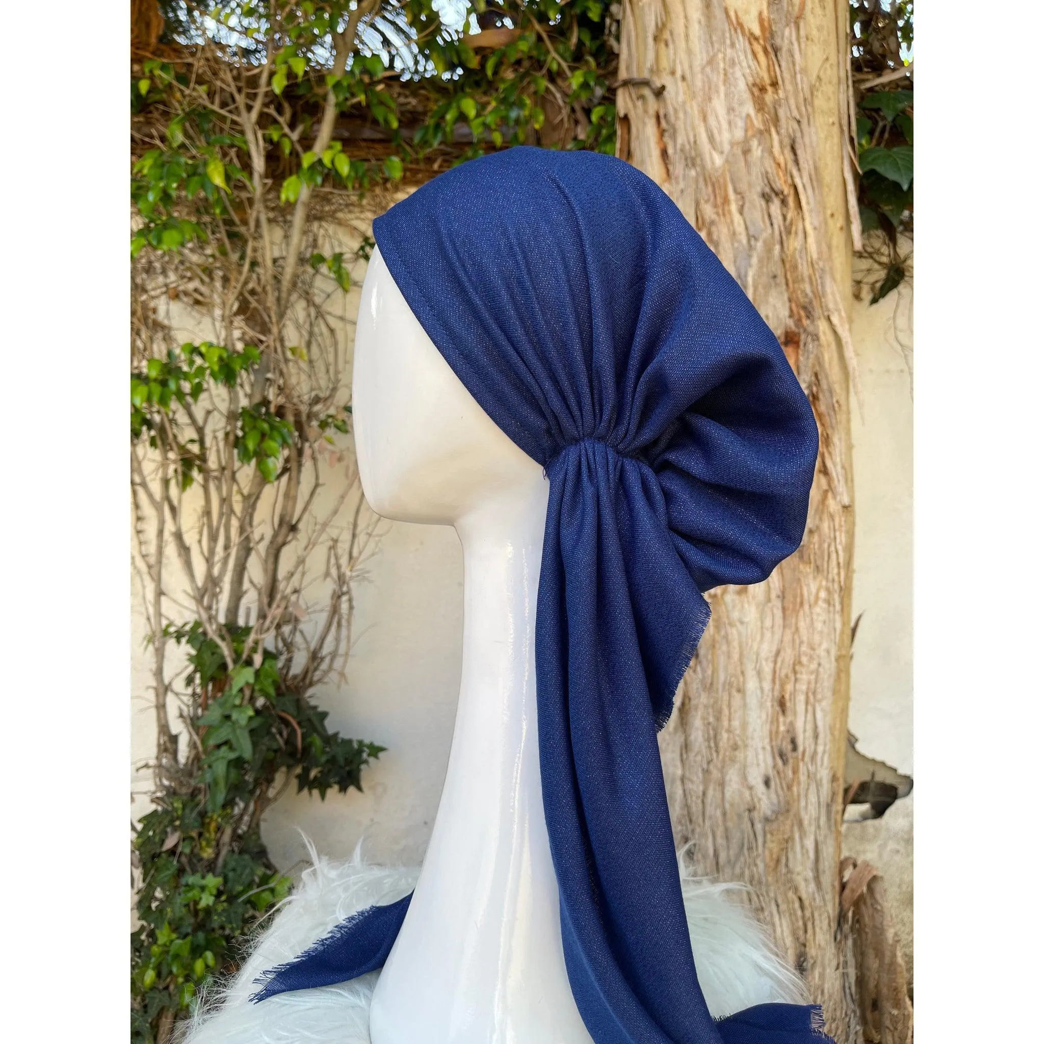 Turkish Cotton Metallic Solid Pretied w/ Long Tails - Denim Blue