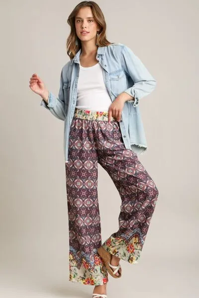 Umgee Full Size Mixed Print Elastic Waistband Pants Plus Size
