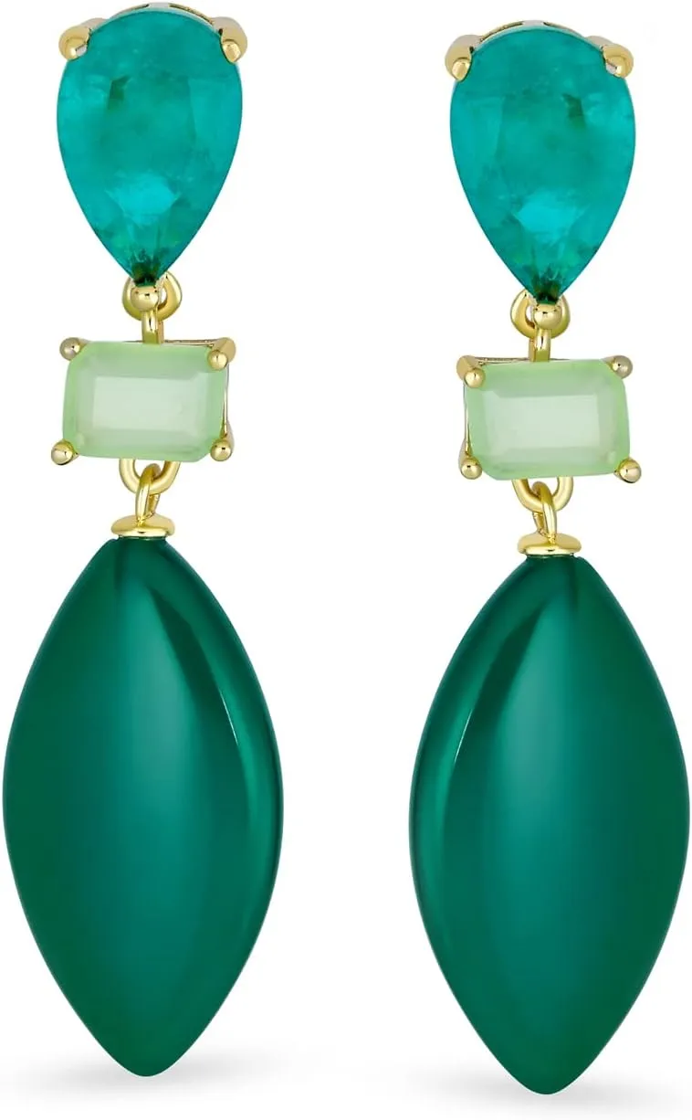 Unique Geometric Linear Black Pink Green Turquoise Rhombus Teardrop Rectangle Multi Shape CZ & Natural 3 Multi-Tier Gemstone Party Dangling Statement Earrings for Women in 14K Yellow Gold Plated