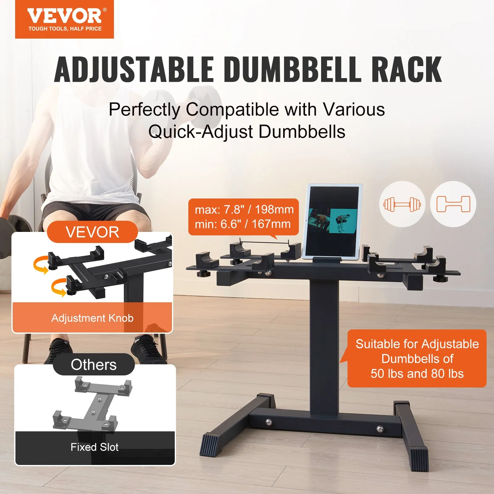 VEVOR Adjustable Dumbbell Stand | Home Fitness Rack with Media Rack