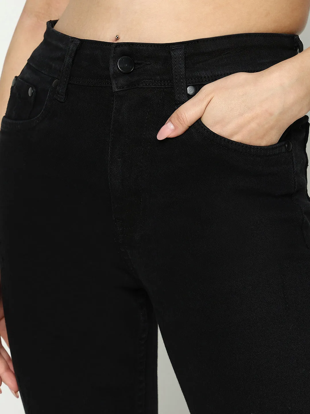 Women Black Cotton Comfort Slim Fit Acid Wash Stretchable Jeans