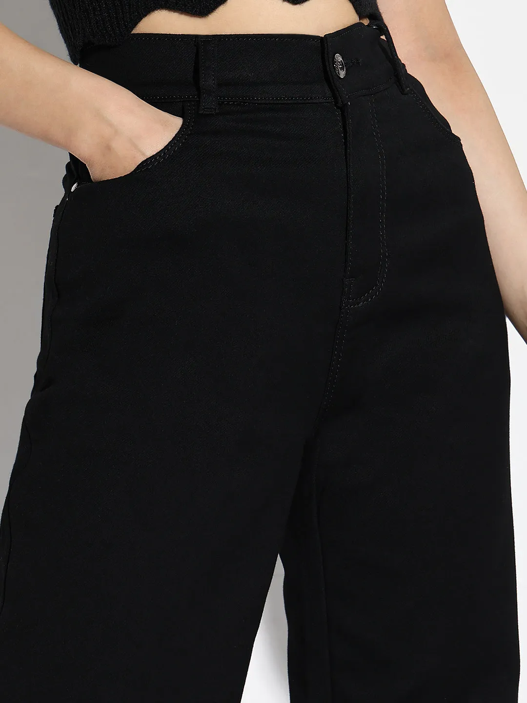 Women Black Cotton Comfort Straight Fit Acid Wash Stretchable Jeans