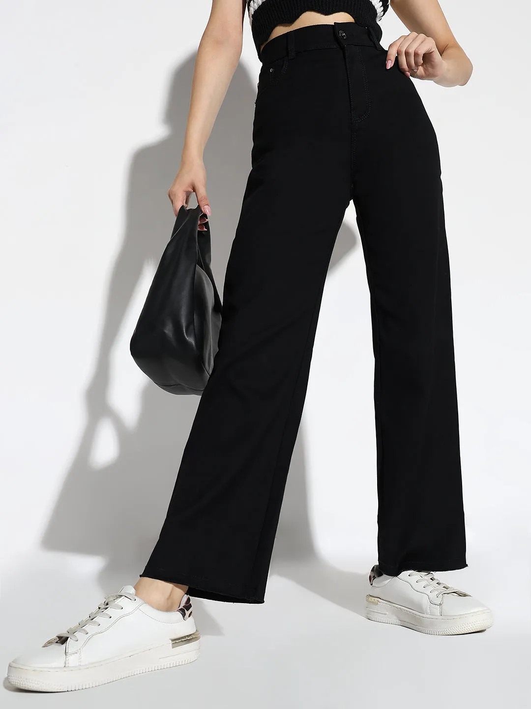 Women Black Cotton Comfort Straight Fit Acid Wash Stretchable Jeans