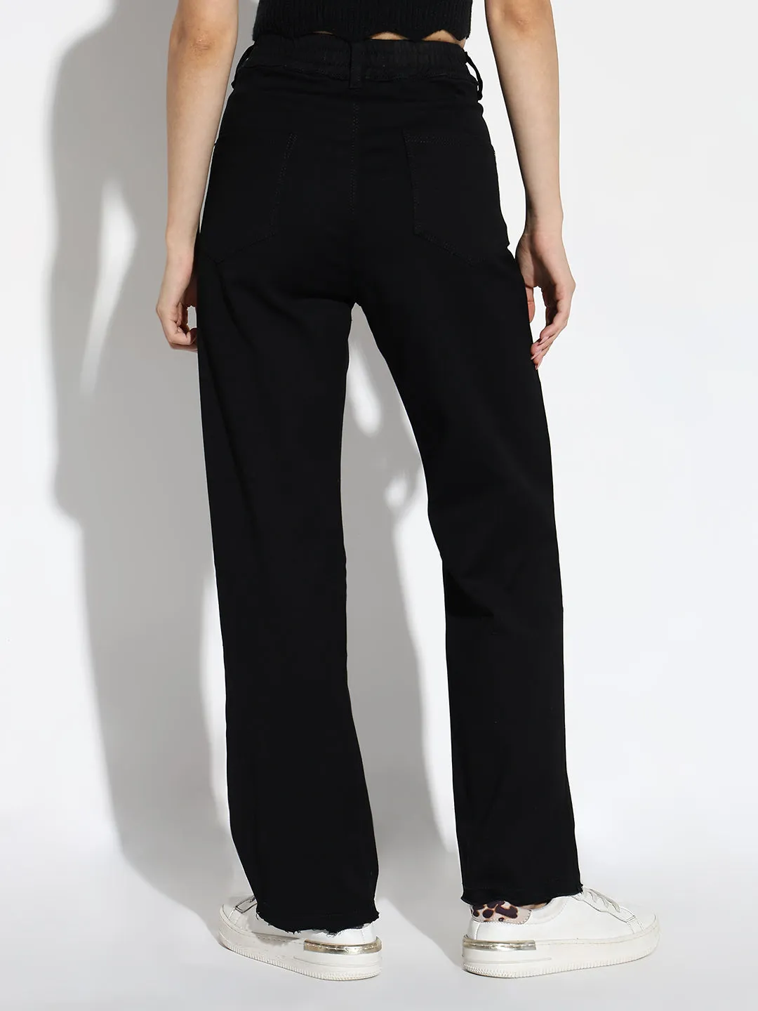 Women Black Cotton Comfort Straight Fit Acid Wash Stretchable Jeans