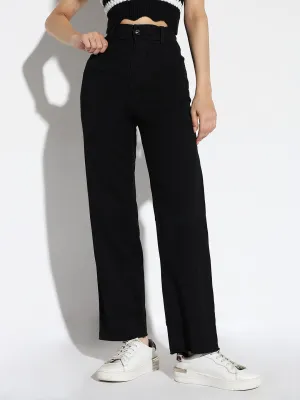 Women Black Cotton Comfort Straight Fit Acid Wash Stretchable Jeans