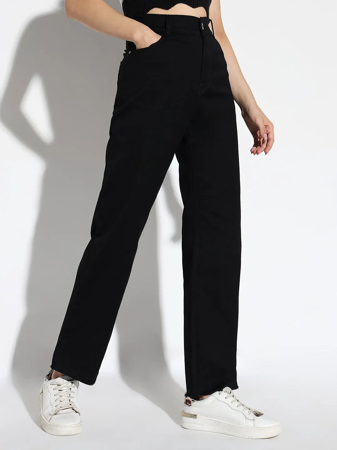 Women Black Cotton Comfort Straight Fit Acid Wash Stretchable Jeans