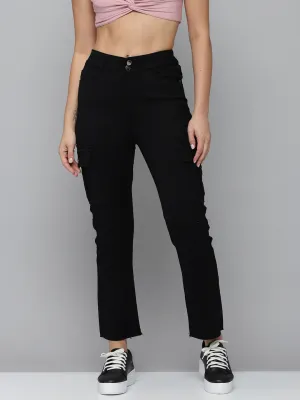 Women Black Jean Straight Fit High-Rise Slash Knee Stretchable Jeans
