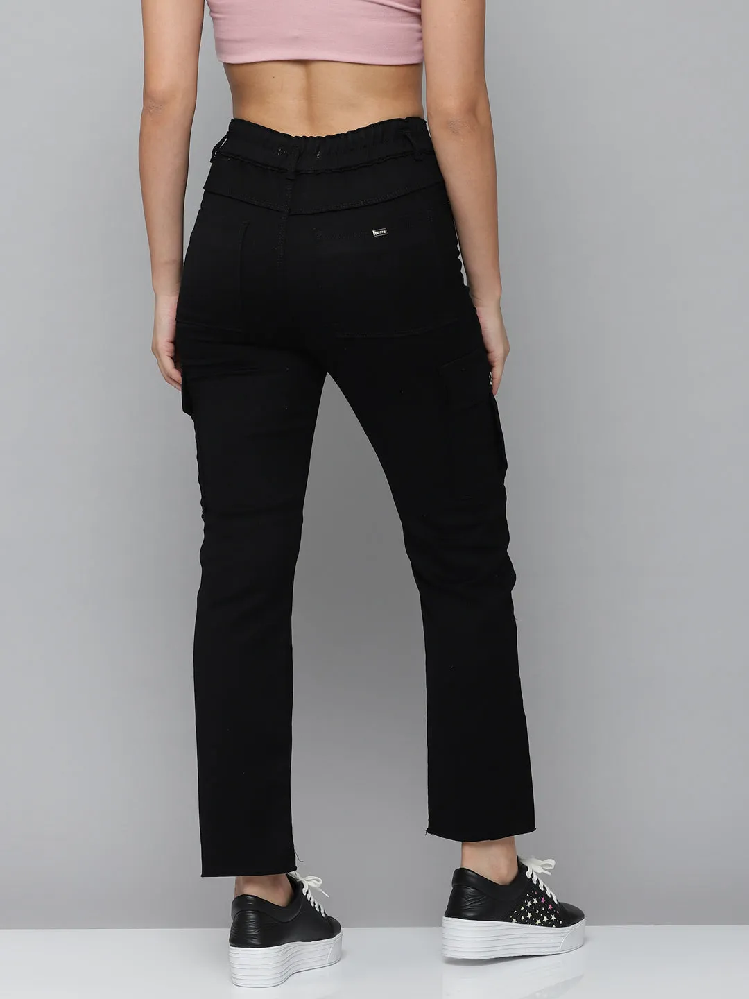 Women Black Jean Straight Fit High-Rise Slash Knee Stretchable Jeans