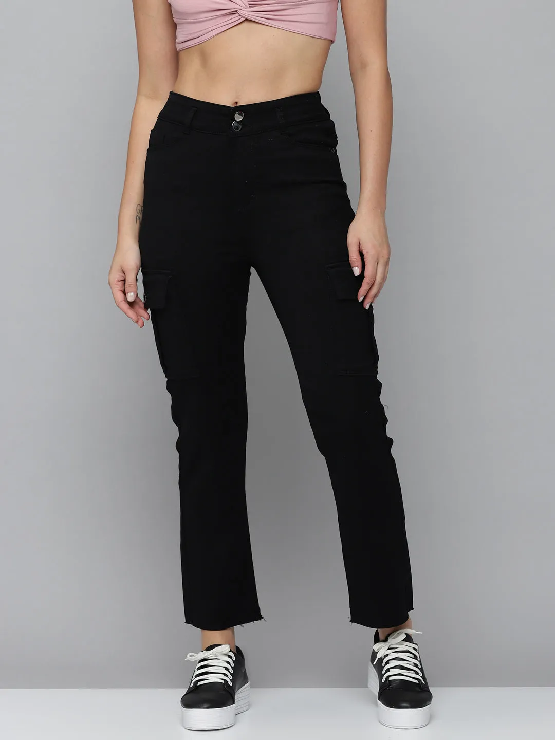 Women Black Jean Straight Fit High-Rise Slash Knee Stretchable Jeans