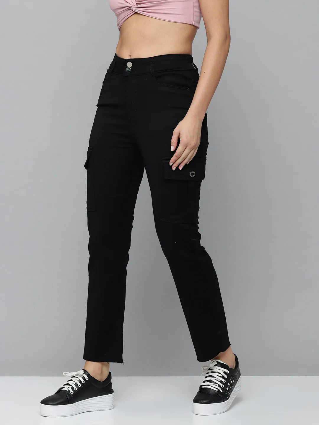 Women Black Jean Straight Fit High-Rise Slash Knee Stretchable Jeans