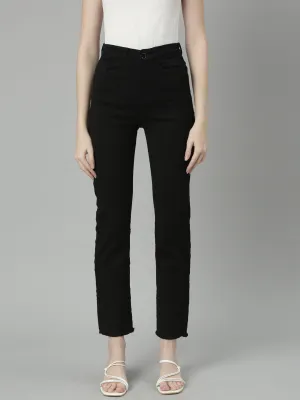 Women Black Jean Straight Fit Mid-Rise Cropped Stretchable Jeans