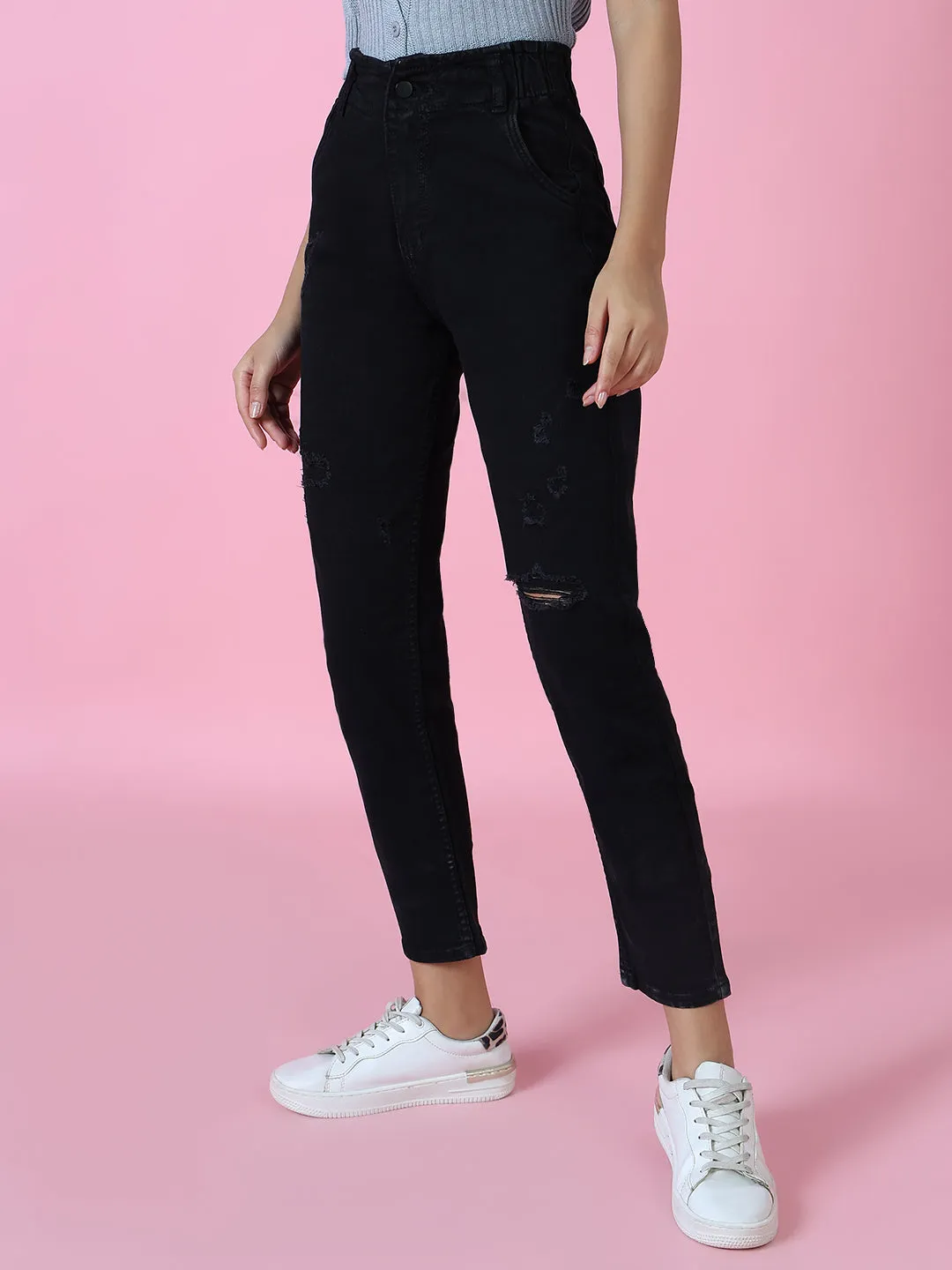Women Black Mom Fit Stretchable Denim Jeans