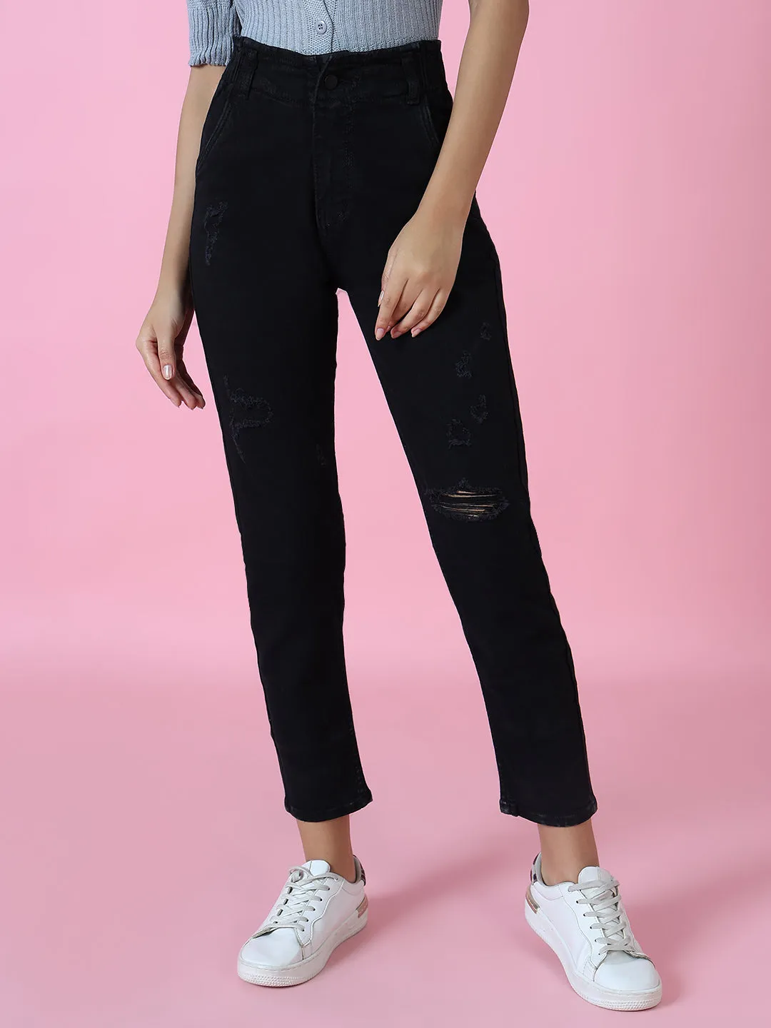 Women Black Mom Fit Stretchable Denim Jeans