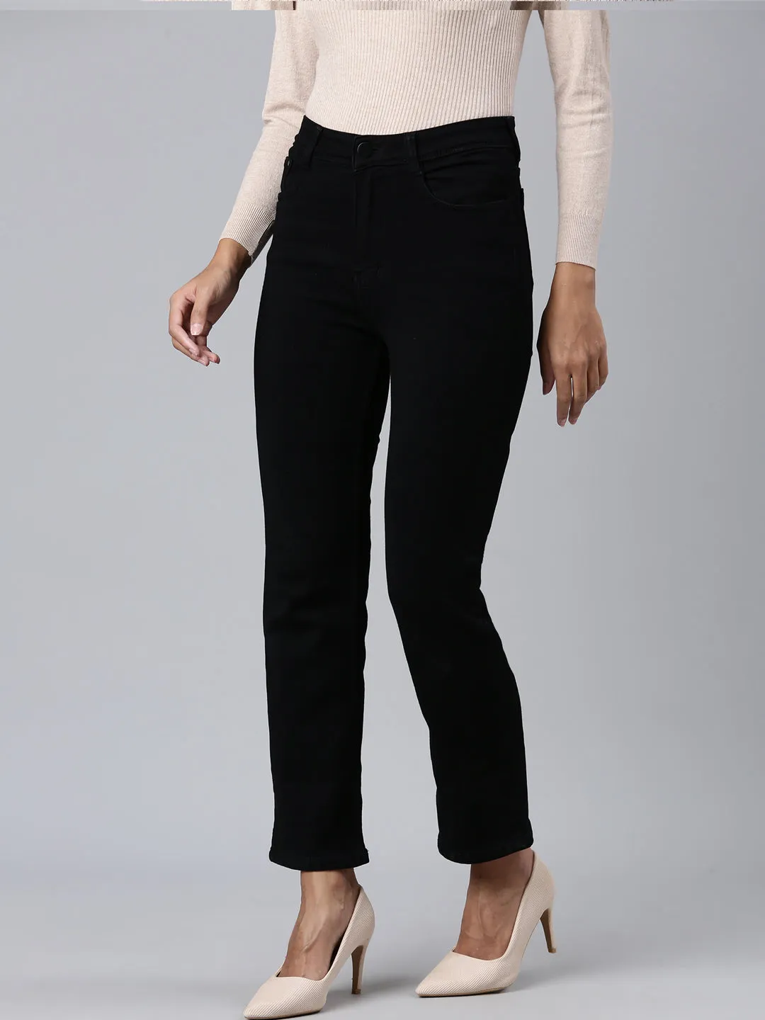 Women Black Straight Fit Acid Wash Stretchable Denim Jeans
