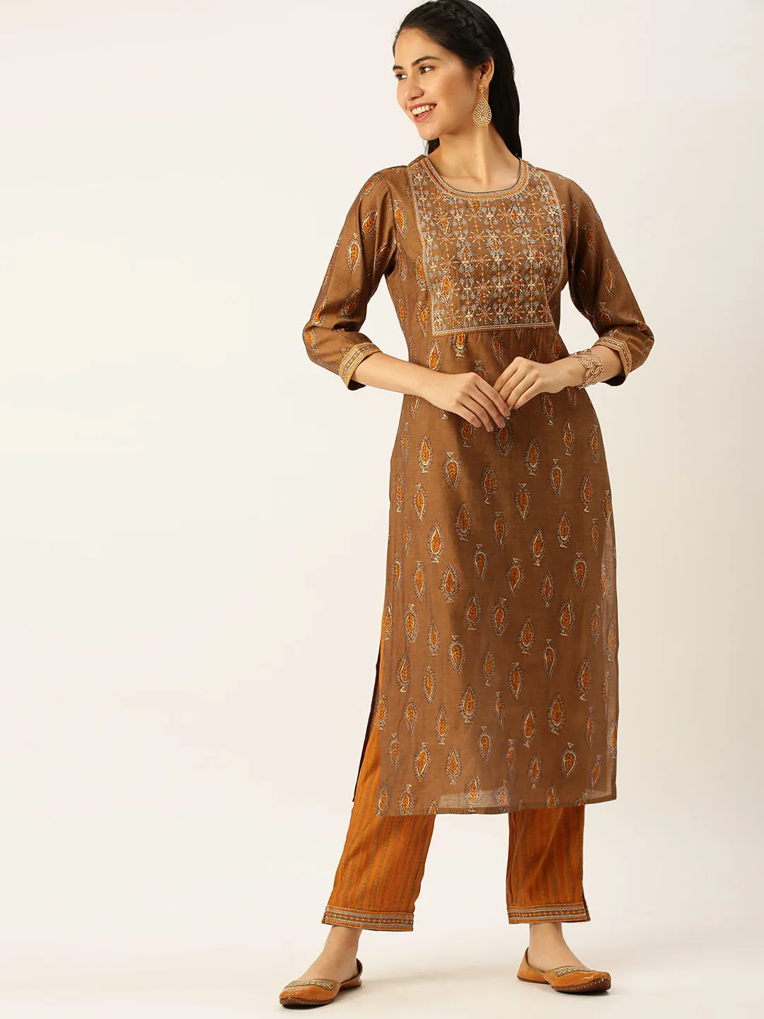 Women Brown Ethnic Motifs Printed Empire Thread Work Kurta Sets