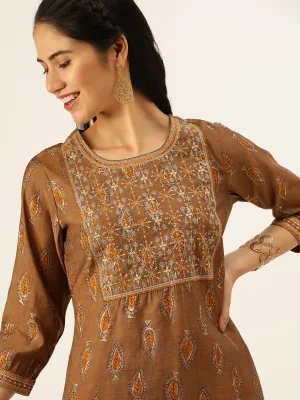 Women Brown Ethnic Motifs Printed Empire Thread Work Kurta Sets