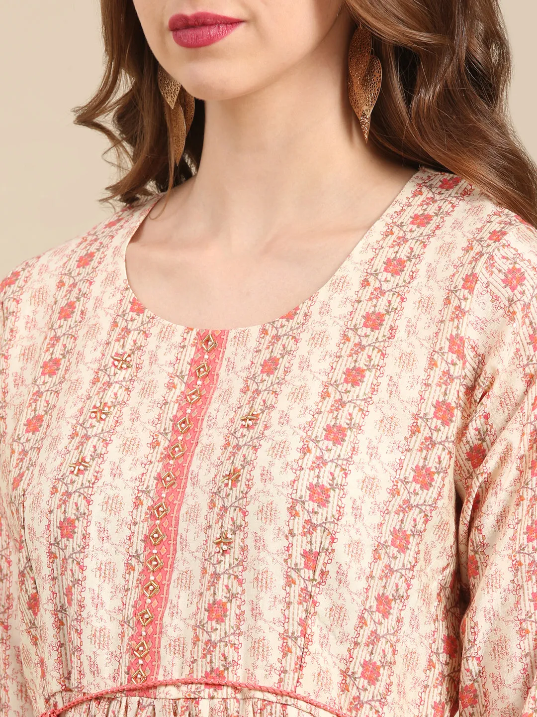 Women Cream Floral Printed Empire Beads and Stones Kurta Set