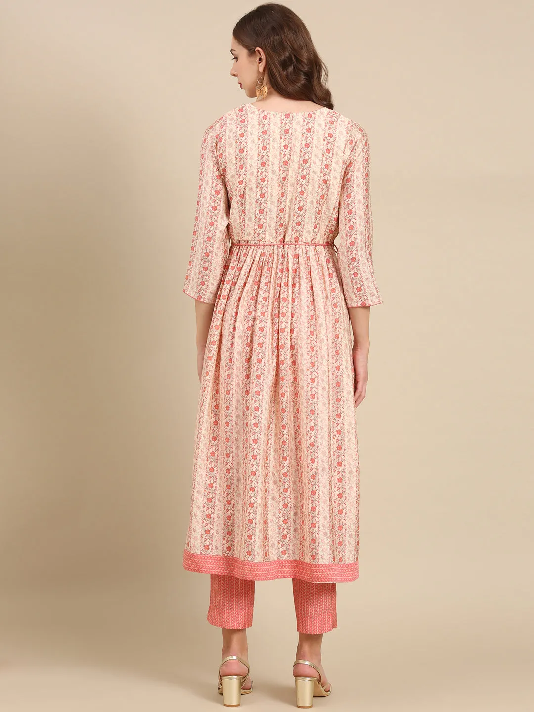Women Cream Floral Printed Empire Beads and Stones Kurta Set