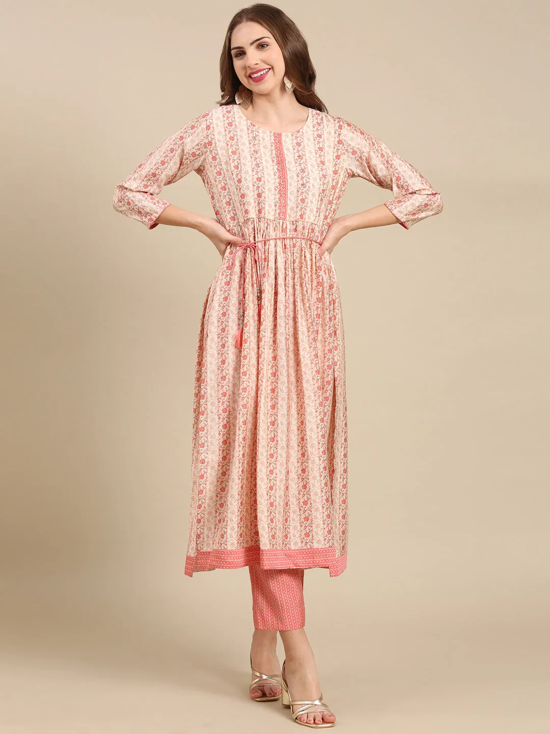 Women Cream Floral Printed Empire Beads and Stones Kurta Set