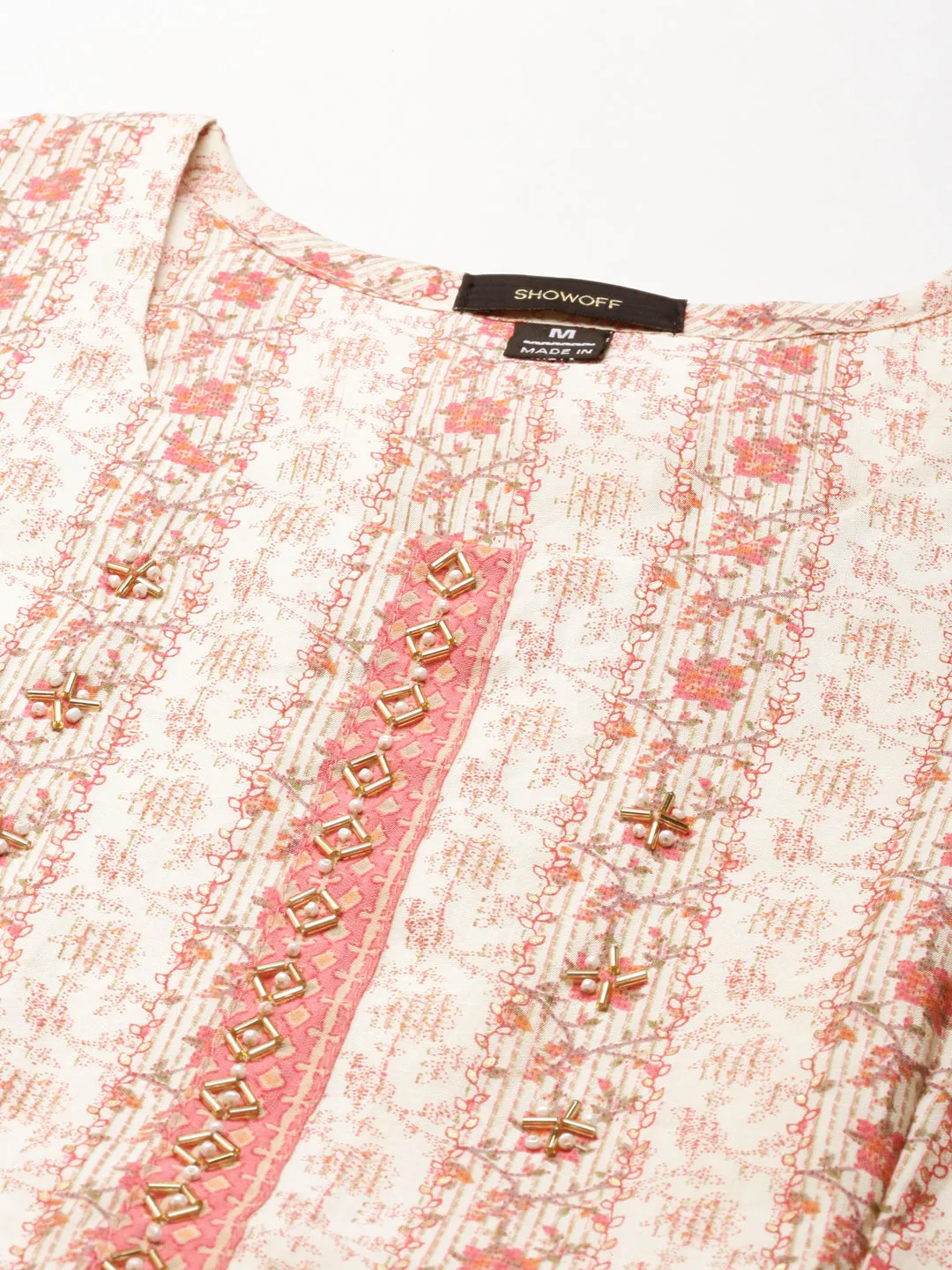 Women Cream Floral Printed Empire Beads and Stones Kurta Set