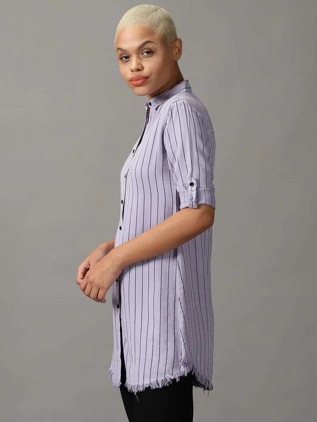 Women Lavender Striped Casual Longline Shirt