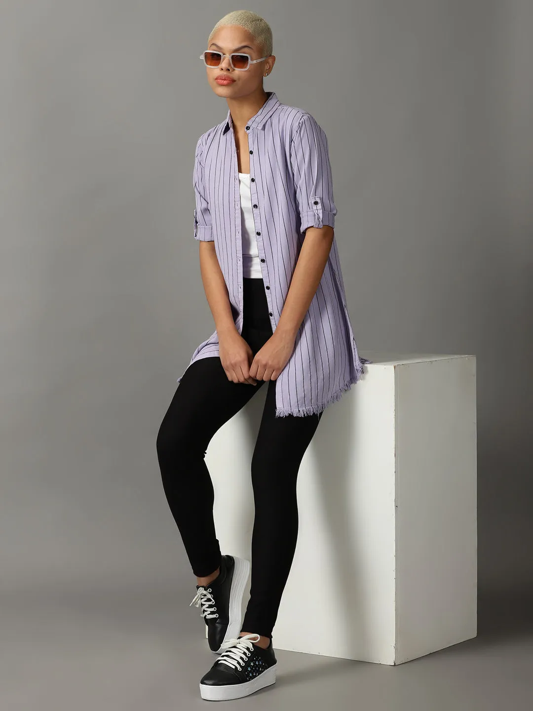 Women Lavender Striped Casual Longline Shirt