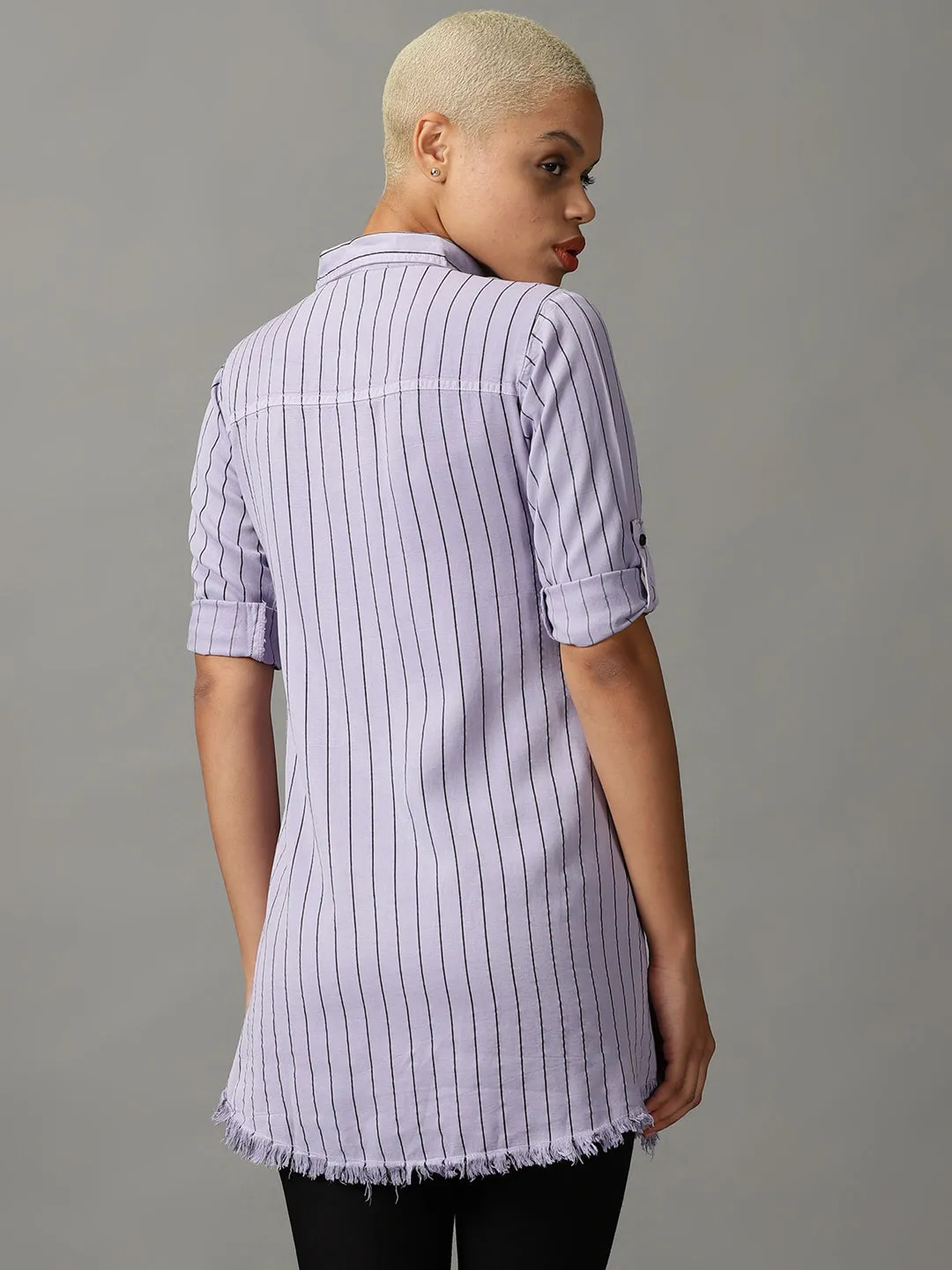 Women Lavender Striped Casual Longline Shirt