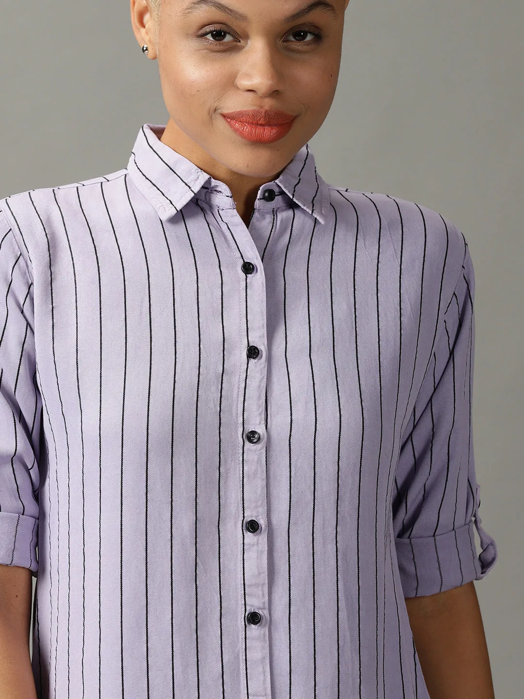 Women Lavender Striped Casual Longline Shirt